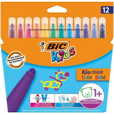 Bic Kids Couleur Baby Pack de 12 Rotuladores - Uso a Partir de 1 Año - Punta Ancha - Lavable - Colores Surtidos