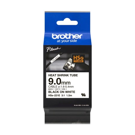 Brother HSe221E Cinta Tubo Termorretractil Original de Etiquetas para Cables - Texto negro sobre fondo blanco - Ancho 9mm x 1.5 
