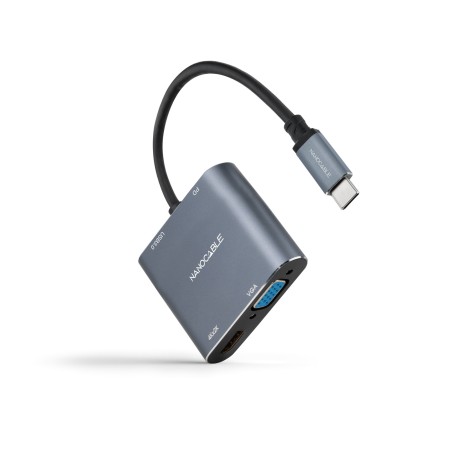 Nanocable Conversor USB-C a HDMI, VGA, USB 3.0 y USB-C PD - Longitud del Cable 15cm - Color Gris