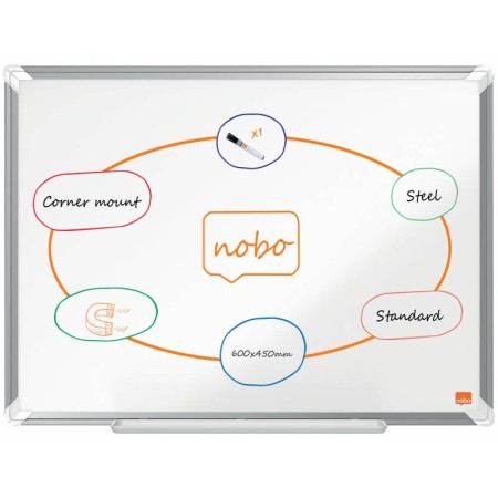 Nobo Premium Plus Pizarra Magnetica de Acero Lacado 600x450mm - Montaje en Esquinas - Superficie de Borrado Facil - Color Blanco