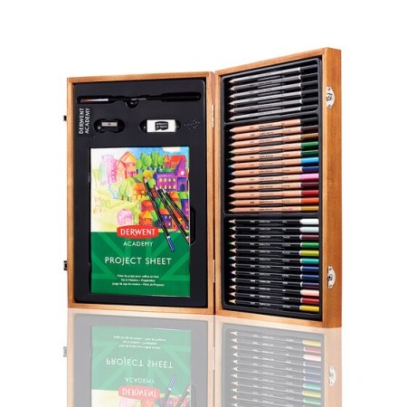 Derwent Academy Caja de Madera con 12 Lapices de Colores, 12 Lapices de Colores Acuarelables, 6 Lapices de Grafito para Bocetos,