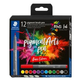 Staedtler 371 Pack de 12 Rotuladores Punta de Pincel Suave - Nueva Tinta Multi Ink - Pigmentos de Primera Calidad - Colores Surt