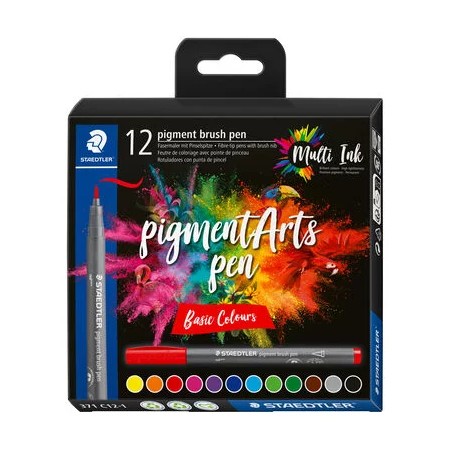 Staedtler 371 Pack de 12 Rotuladores Punta de Pincel Suave - Nueva Tinta Multi Ink - Pigmentos de Primera Calidad - Colores Surt