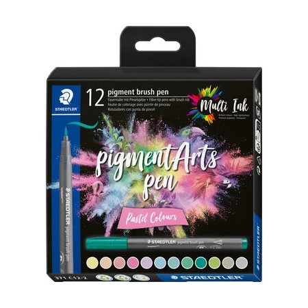 Staedtler 371 Pack de 12 Rotuladores Punta de Pincel Suave - Nueva Tinta Multi Ink - Pigmentos de Primera Calidad - Colores Past