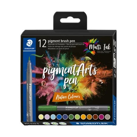 Staedtler 371 Pack de 12 Rotuladores Punta de Pincel Suave - Nueva Tinta Multi Ink - Pigmentos de Primera Calidad - Colores Natu