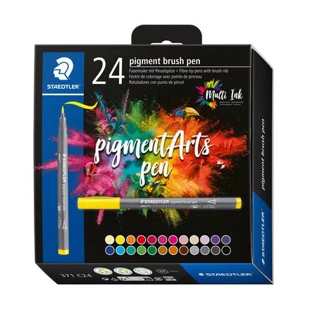 Staedtler 371 Pack de 24 Rotuladores Punta de Pincel Suave - Nueva Tinta Multi Ink - Pigmentos de Primera Calidad - Colores Surt