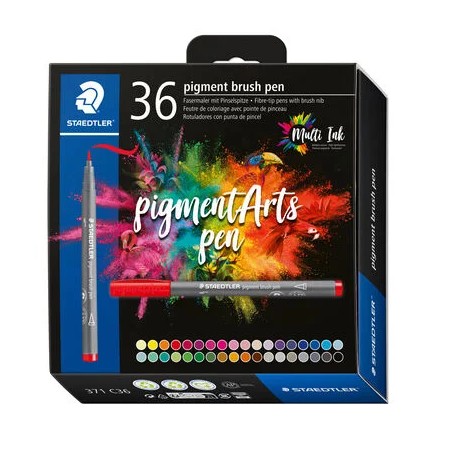 Staedtler 371 Pack de 36 Rotuladores Punta de Pincel Suave - Nueva Tinta Multi Ink - Pigmentos de Primera Calidad - Colores Surt