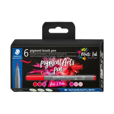 Staedtler 371 Pack de 6 Rotuladores Punta de Pincel Suave - Nueva Tinta Multi Ink - Pigmentos de Primera Calidad - Colores Rojos