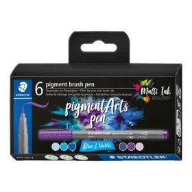 Staedtler 371 Pack de 6 Rotuladores Punta de Pincel Suave - Nueva Tinta Multi Ink - Pigmentos de Primera Calidad - Colores Azule
