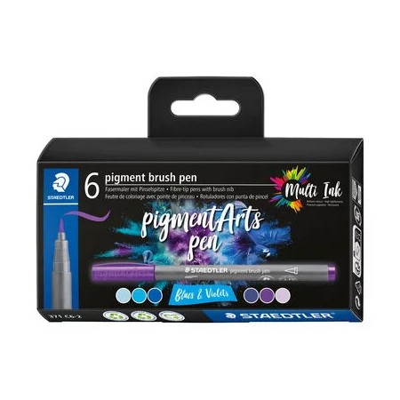 Staedtler 371 Pack de 6 Rotuladores Punta de Pincel Suave - Nueva Tinta Multi Ink - Pigmentos de Primera Calidad - Colores Azule