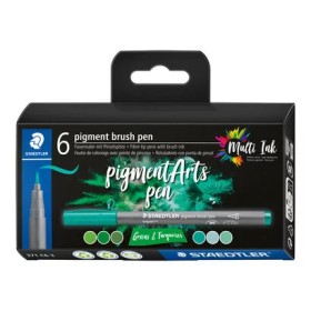 Staedtler 371 Pack de 6 Rotuladores Punta de Pincel Suave - Nueva Tinta Multi Ink - Pigmentos de Primera Calidad - Colores Verde