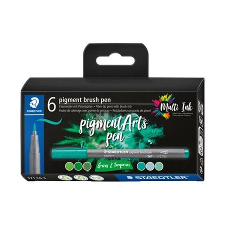 Staedtler 371 Pack de 6 Rotuladores Punta de Pincel Suave - Nueva Tinta Multi Ink - Pigmentos de Primera Calidad - Colores Verde