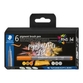 Staedtler 371 Pack de 6 Rotuladores Punta de Pincel Suave - Nueva Tinta Multi Ink - Pigmentos de Primera Calidad - Colores Grise
