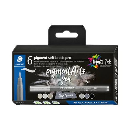 Staedtler 372 Pack de 6 Rotuladores Punta de Pincel Suave - Nueva Tinta Multi Ink - Pigmentos de Primera Calidad - Colores Grise