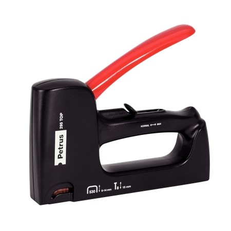 Petrus 295 Top Clavadora/Grapadora - Para Grapas 530/6 a 14mm y Pins Tipo 8 de 15mm - Ajuste de Potencia - Color Negro/Rojo