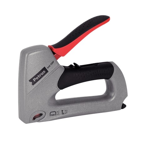 Petrus 295 Top Clavadora/Grapadora Metalica - Para Grapas 530/6 a 14mm y Pins Tipo 8 de 15mm - Ajuste de Potencia - Color Gris/N