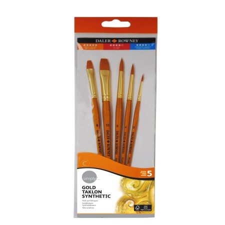 Daler Rowney Simply Pack de 5 Pinceles Sinteticos T-3 - Diseño Ergonomico - Oro Taklon - Color Naranja