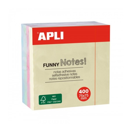 Apli Funny Cubo de 400 Notas Adhesivas 75 x 75 mm - Colores Pastel Surtidos