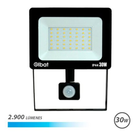 Elbat Foco LED con Sensor de Movimiento - Potencia: 30W - Lumenes: 2900 - Luz Fria 6.500K - Vida Util: 30.000 - 50.000 Horas - A