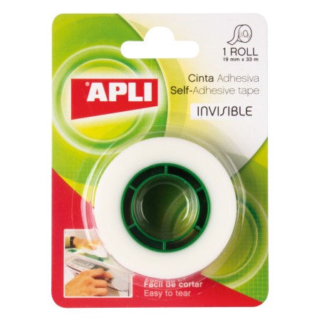 Apli Cinta Adhesiva Invisible 19mm x 33m - Facil de Cortar - Resistente - Ideal para Uso en Oficina - Transparente