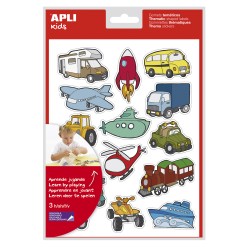 Apli Bolsa de Gomets Tematicos Transportes - 45 Gomets en 3 Hojas - Ilustraciones Divertidas para Enriquecer Vocabulario y Habil