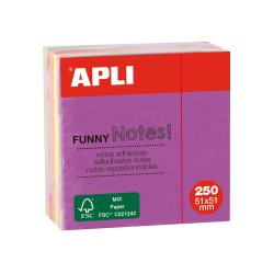 Apli Notas Adhesivas Funny 51x51mm Mini-Cubo 250 Hojas - 5 Colores Surtidos Fluorescentes - Divertidas y Practicas