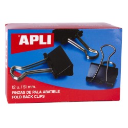 Apli Pinzas Abatibles 30x51mm - Acero Templado Negro - Asas Niquel - 12 Unidades - Sujecion Hasta 220 Hojas