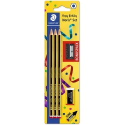 Staedtler Noris 120 Pack de 3 Lapices de Grafito Hexagonales + Goma de Borrar + Sacapuntas - Mina HB Ultrarresistente de 2mm - M