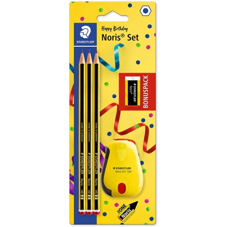 Staedtler Noris 120 Pack de 3 Lapices de Grafito Hexagonales + Goma de Borrar + Sacapuntas - Mina HB Ultrarresistente de 2mm - M