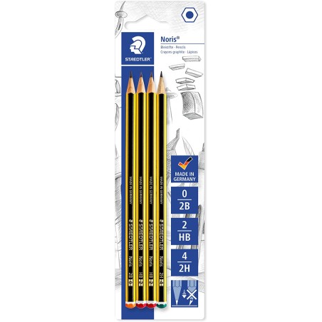 Staedtler Noris 120 Pack de 4 Lapices de Grafito Hexagonales - Graduaciones Surtidas - Resistencia a la Rotura - Madera de Bosqu
