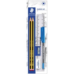 Staedtler Pack de 2 Lapices Noris de Grafito Hexagonales 2HB + 1 Boligrafo Stick 430 Azul + 1 Goma de Borrar  + 1 Sacapuntas +1 