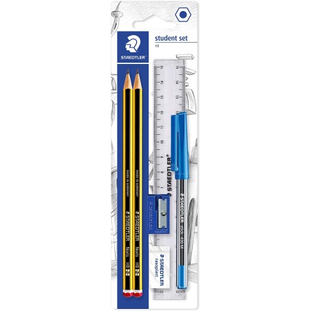 Staedtler Pack de 2 Lapices Noris de Grafito Hexagonales 2HB + 1 Boligrafo Stick 430 Azul + 1 Goma de Borrar  + 1 Sacapuntas +1 