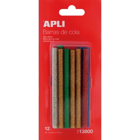 Apli Recambio de Barras de Adhesivo Termofusible - Ø7.5mmx10cm - Colores Surtidos con Purpurina - Precision y Limpeza - Compatib