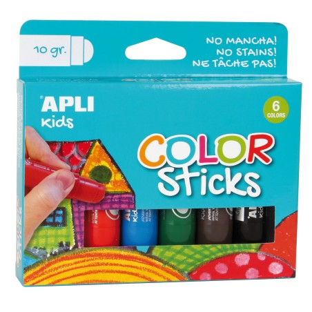 Apli Color Sticks Temperas Solidas - Pack de 6 Unidades de 10g - Acabado Satinado sin Necesidad de Barniz - Secado Rapido en Men