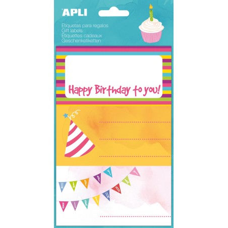 Apli Etiquetas Adhesivas Happy Birthday - Tamaño 76x39mm - 9 Etiquetas en 3 Hojas - Adhesivo Permanente de Alta Calidad - Ideal 