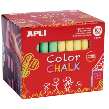 Apli Tizas Redondas de Colores Surtidos - Pack de 100 Tizas Ø 9 x 80mm - sin Polvo - Ideales para Escribir, Dibujar y Colorear e