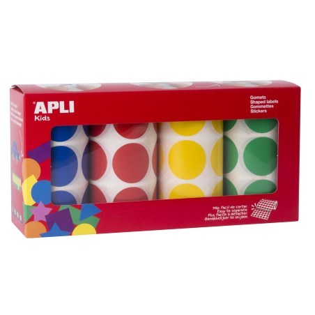 Apli Gomets Redondos Ø 33mm - Pack de 4 Rollos con 2832 Gomets - Adhesivo Permanente - Ideal para Desarrollar Habilidades en Gua