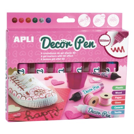 Apli Rotuladores de Gel 3D con Acabado Purpurina - 25ml por Unidad - Surtido de 6 Colores - Personaliza Regalos, Objetos, Tarjet