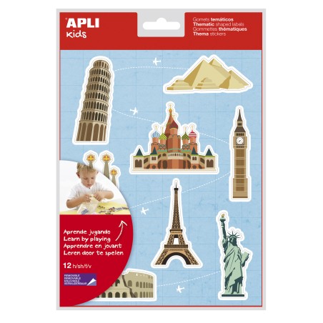Apli Gomets Tematicos los Monumentos - 96 Unidades - Ilustraciones de Monumentos Famosos - Adhesivo Removible - Ideal para Escue