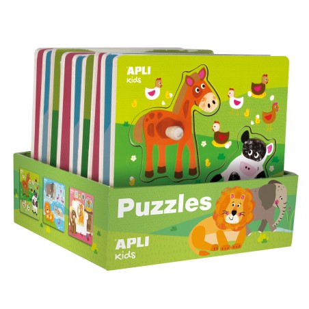 Apli Expositor de Puzles de Madera Encajables Tematica Infantil Animales - 20x20 cm - 9 Puzles con Guia Impresa - Alto Valor Did