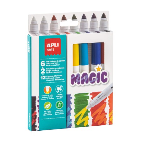 Apli Kids Rotuladores Magic - Ø 14.4x137 mm - Cambio de Color con 2 Blancos - Cuerpo Cilindrico y Punta Redonda Bloqueada de Ø 7
