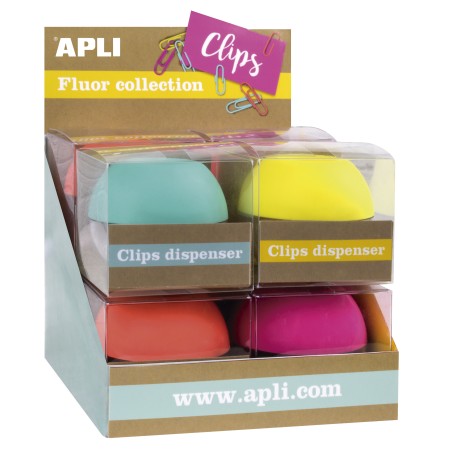 Apli Fluor Collection Expositor de Clips - Ø 70x60 mm - 8 Dispensadores en 4 Colores - Tapa Magnetica "Soft Touch" - Incluye 50 