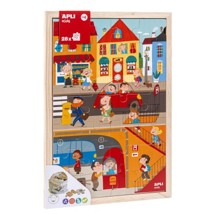 Apli Kids Puzle de Niveles la Ciudad - 254x5x376 mm - 28 Piezas de Madera - Diseño Infantil, Colorido, Claro y Simple - Bolsa de