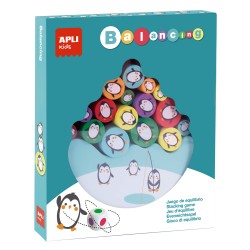 Apli Juego de Equilibrio de Pingüinos - 16 Piezas de Madera de Alta Calidad - Base en Forma de Iceberg - Dado con Colores - 3 Ta