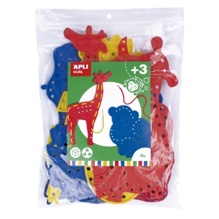 Apli Juego de Cosedores Animales - Formato Maxi - 6 Animales de Plastico con Agujeros - 18 Cuerdas de Colores - Desarrolla Psico