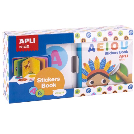 Apli Libro de Pegatinas Educativo Vocales - Tamaño 100x100x40 - 10 Paginas de Carton Rigido de 3mm - 5 Hojas de Gomets Removible