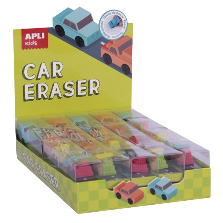 Apli Gomas de Borrar Coche - Expositor con 20 Unidades en 4 Modelos Surtidos - Forma de Coche Que Sirve para Borrar y Jugar - Mo