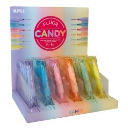 Apli Expositor de Subrayadores Fluorescentes con Forma de Caramelo - Doble Punta: Plana 5mm y Redonda 2mm - 6 Colores Fluor - 36