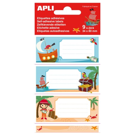 Apli Etiquetas Adhesivas Escolares Piratas - Tamaño 81x36mm - 9 Etiquetas de Adhesivo Permanente de Alta Calidad - Diseño Pirata
