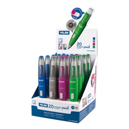 Milan Compact Expositor de 20 Portaminas - Mina 0.7mm 2B Grafito - Pulsador Mecanico - Goma Milan Extra Grande - Colores Surtido